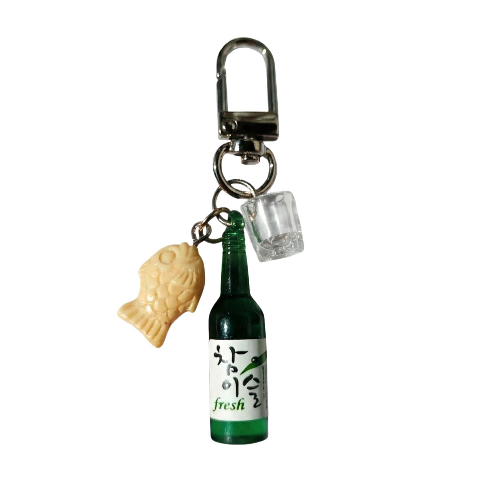 

Korean Style Plastic Bottle Keychain Fish Shape Bag Charm with Miniature Bottle and Glass Pendant for Decoration and Accessories