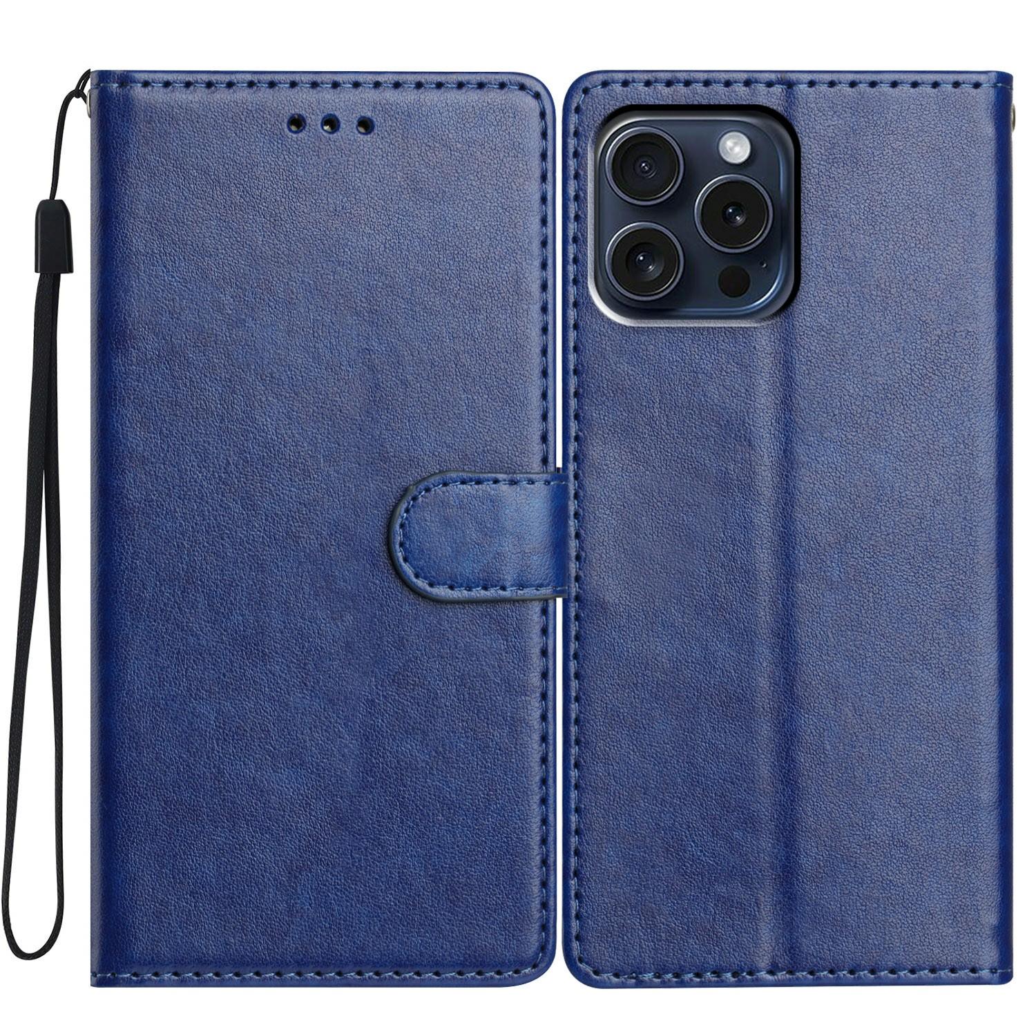 

For iPhone 14 Pro Leather Phone Case Wallet Stand Cover with Handy Strap Blue