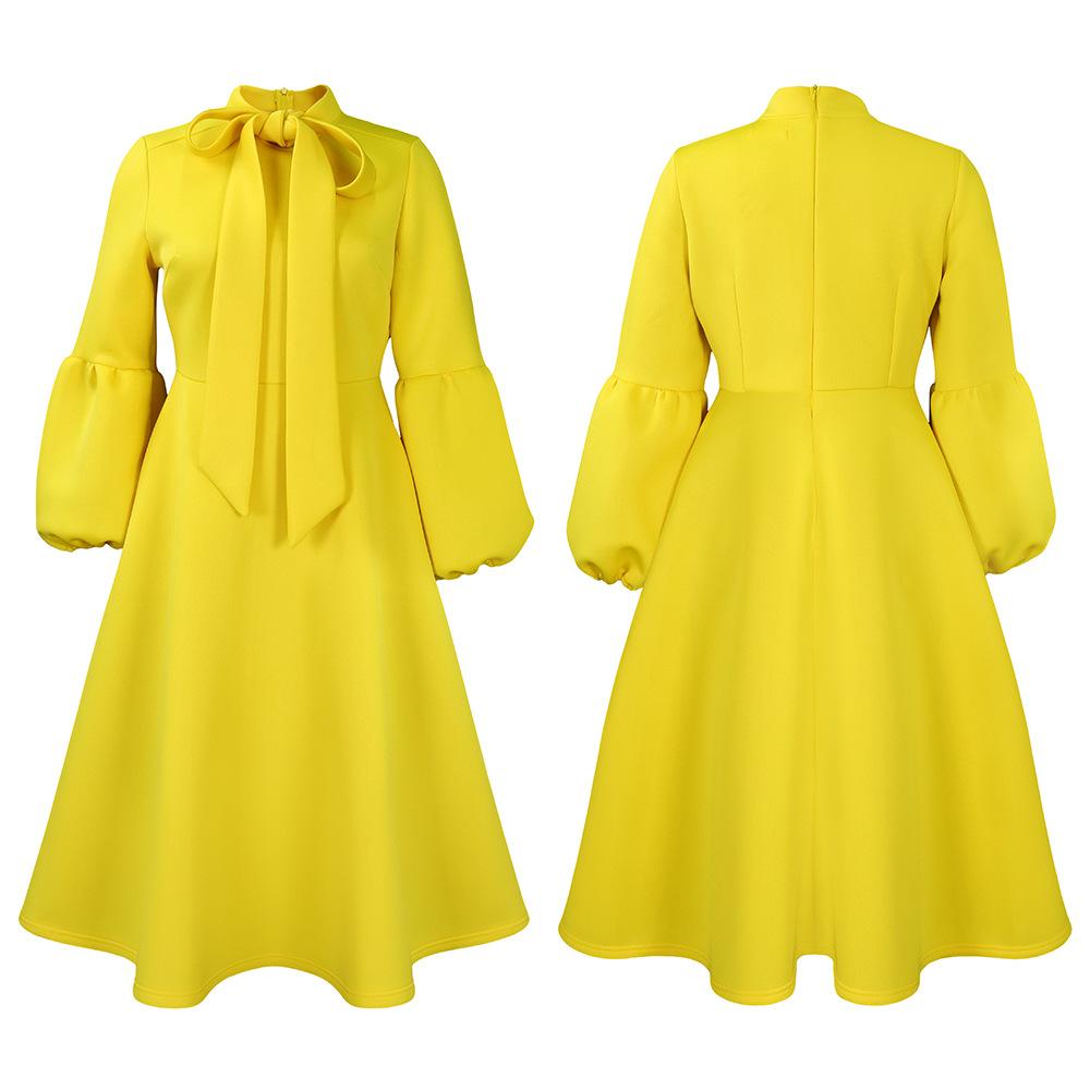Spring and Autumn Women's Dress Plus Size Fashion Tie Lantern Sleeve High Waist Bowknot Big Swing Dresses