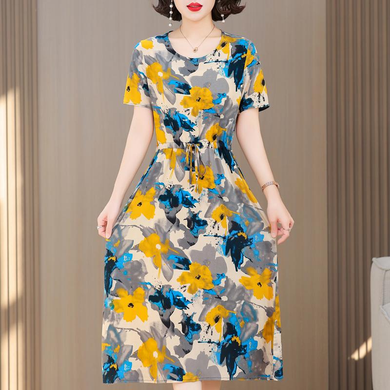 Grote Maten Casual Zomer Damesjurken Elegant Slank Korte Mouw Vintage Print Lange Jurk Dames Zomerkleding