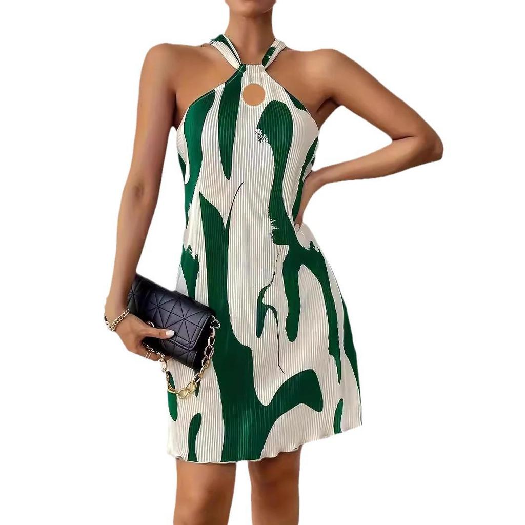 European and American Women's Striped Sleeveless Halter Dress - 2024 Collection