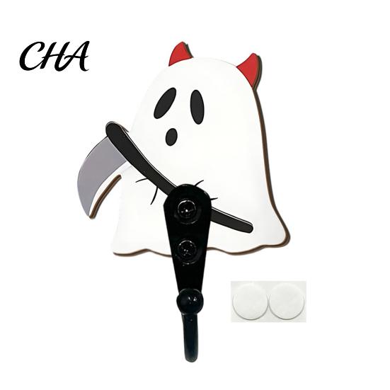 Space Saving Entryway Hooks Halloween Themed Wall Hook, Decorative Ghost Pattern Key Hanger, Self Shape Mounted Hook Adhesive Backing Wood Base