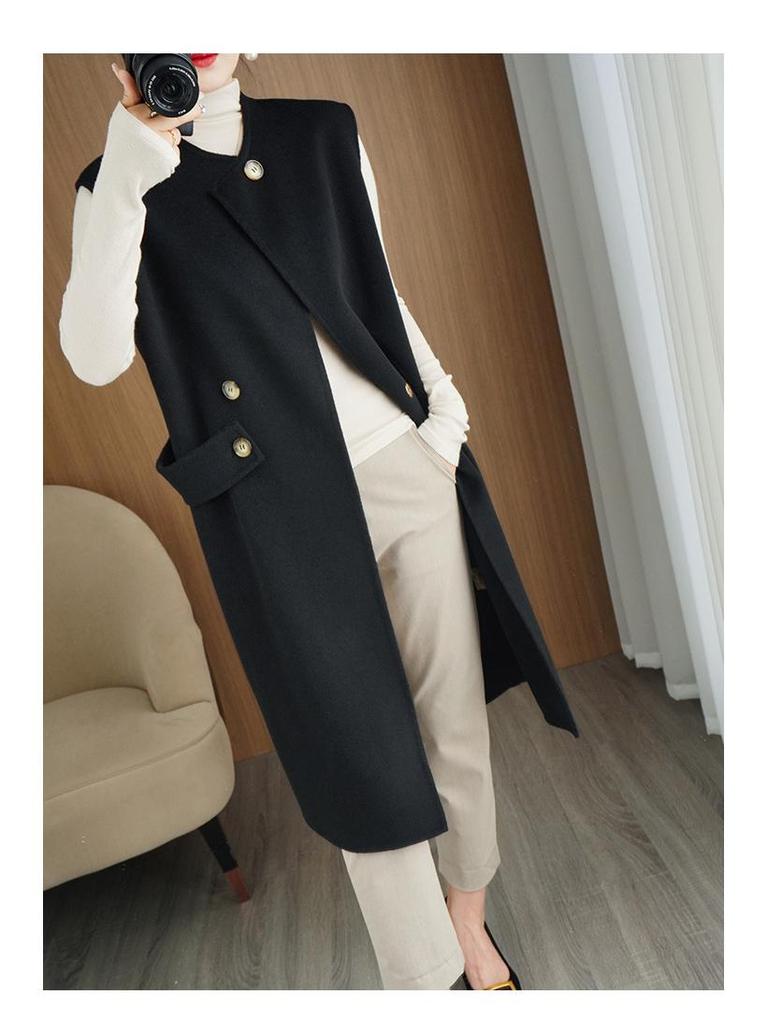 Chaleco Extra Largo de Lana 100% de Doble Cara para Mujer - Ropa Exterior Clásica Casual sin Mangas