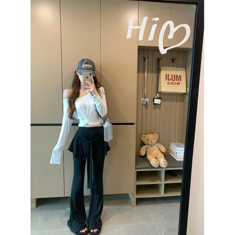 Kumikumi Pure Desire Style Set Sloping Shoulder Temperament Long sleeves Shirt Women Autumn Slim fit Slimming Bootcut Trousers Two-piece Set