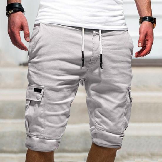 Mid-Rise Elastic Waistband Drawstring Multi Pockets Men Shorts Solid Color Loose Fitness Cargo Shorts Streetwear