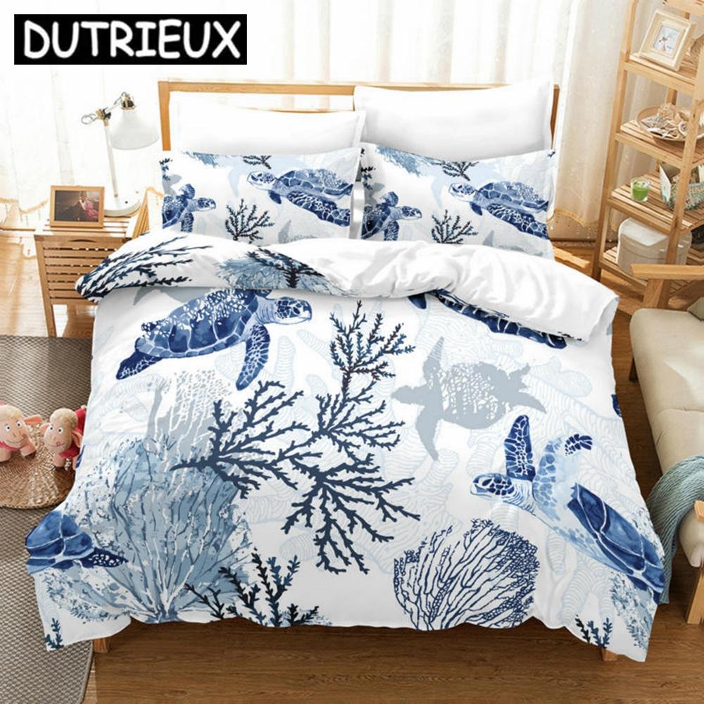 

Sea Turtle Duvet Cover Set for Kids - Ocean Animal Pillow Cases, Map & Coral - Printed Quilt Cover, Twin to King Sizes (135x200cm) синий