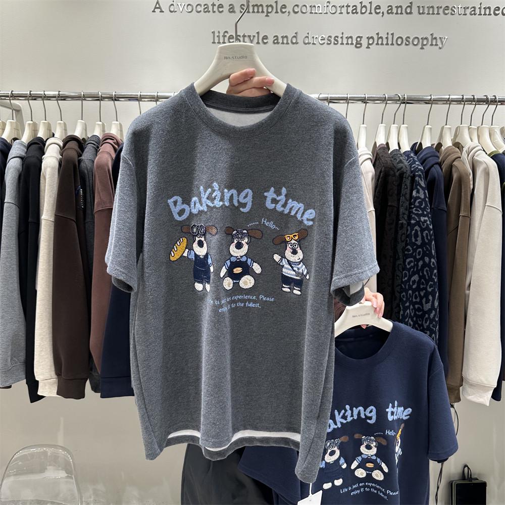 Extra Large Embroidery Dog Thickened Brushed Short Sleeve Women's T-shirt