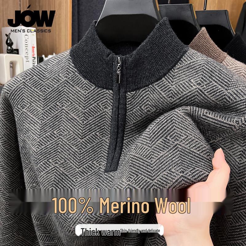

JOW Men s Thickened 100% Pure Wool Contrast Zip Jacquard Sweater M