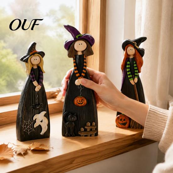 Retro Witch Decorations for Shelves Halloween Wooden Ornaments, Distressed Figurines, Tabletop Indoor Holiday Party Ornaments Decoration with Pumpkin