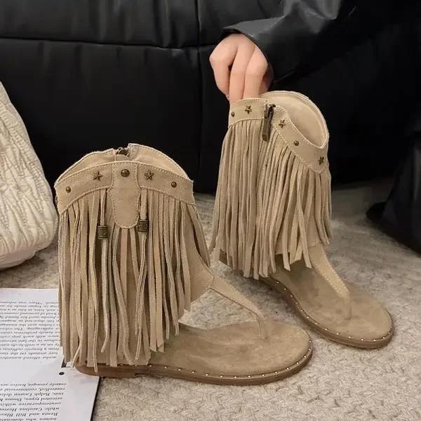 Fashion Studded Sandals Women's Shoes Flip Flops Low Heel Tassel Summer Roman Shoes Luxury Corrective Toe Clip Boots New Style