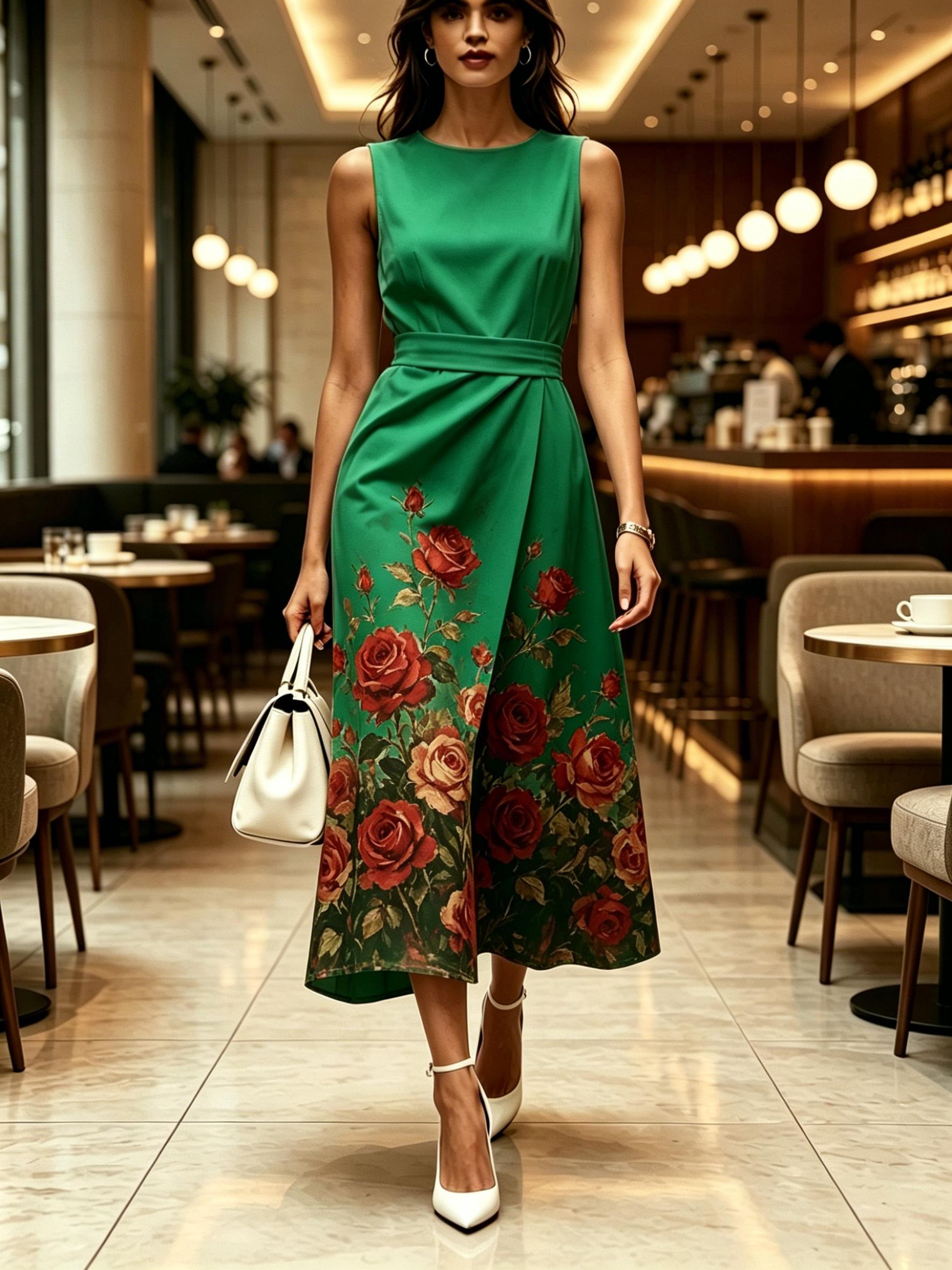 

Green with Red Rose Printed Round Neck Sleeveless Midi Dress Modern Elegant Casual Fashion Women s Clothing For Spring Summer And Autumn XXS