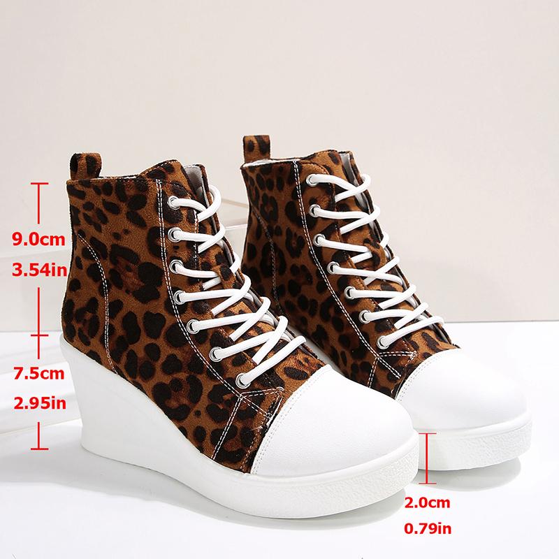 Fashion Leopard Print Wedge Heel Short Boots for Women Fashion Lace Up Platform Ankle Boots Woman Thick Sole Casual High Top Sneakers