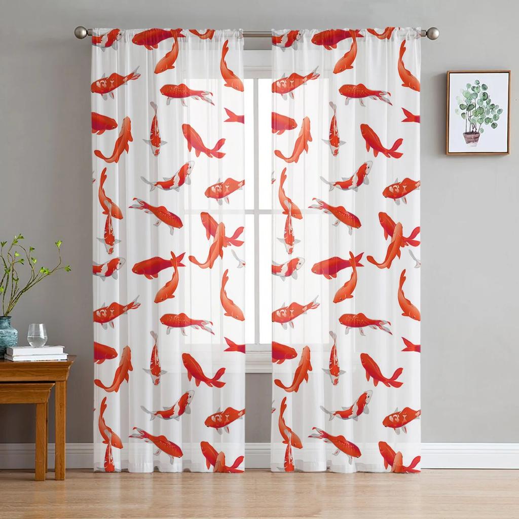 Carp Animal Fish Geometric Tulle Curtains For Living Room Sheer Curtain Bedroom Voile Decorative Window Treatments