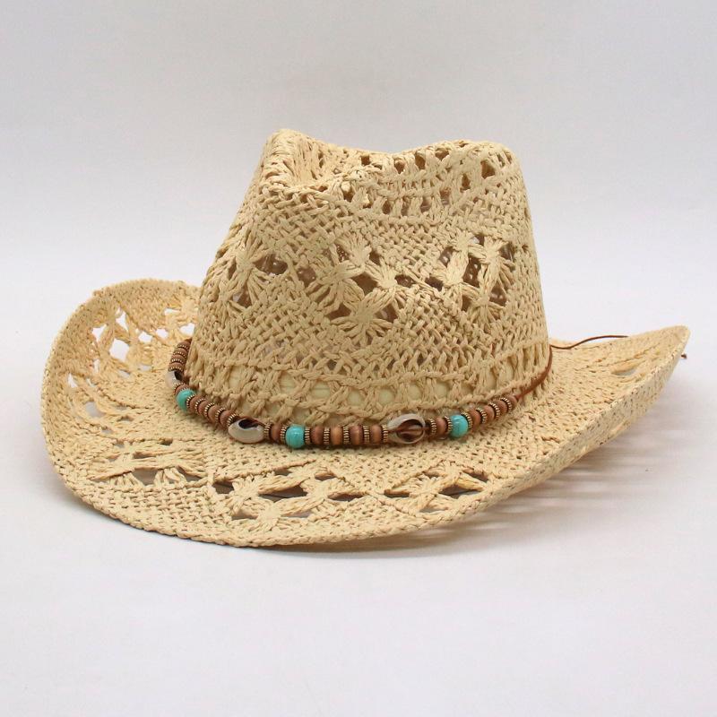 Cooler Amerikanischer Küsten-Warped-Edge-Außenhandel-Jazz-Zylinderhut Frühling und Sommer Neu Hohl Cowboyhut Handgewebter Atmungsaktiver Strohhut