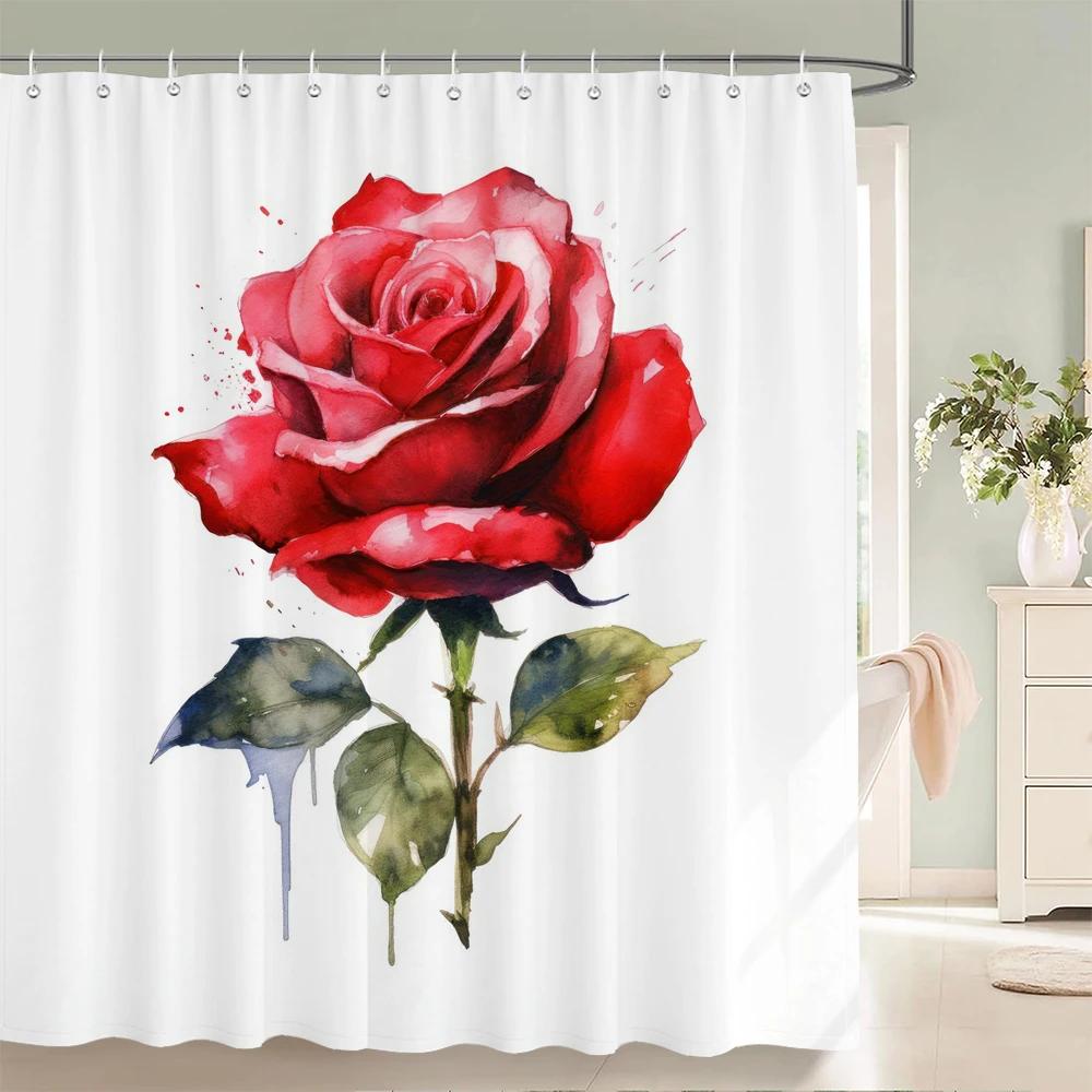 Waterproof Polyester Fabric Red Rose Shower Curtains Blue Rose Flowers Printing Bathroom Curtains for Home Decoration Curtain