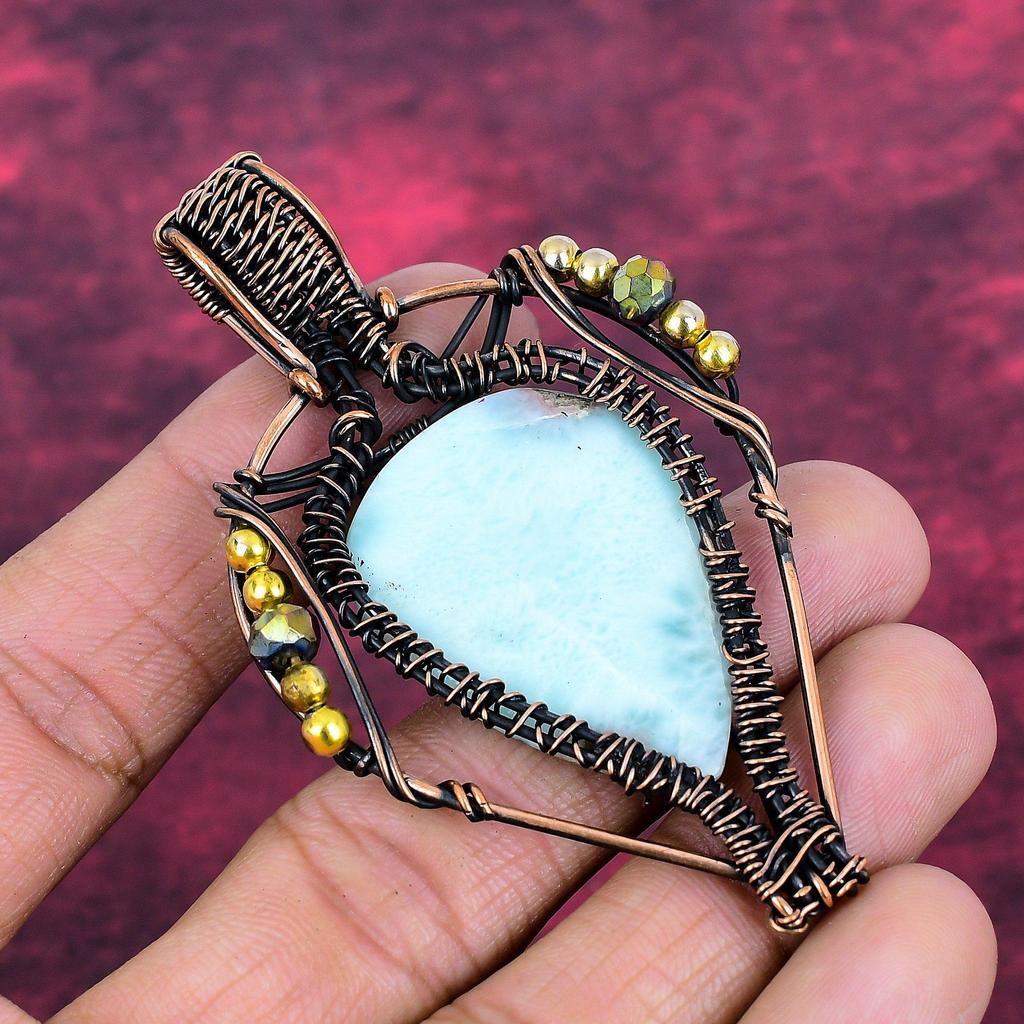 Larimar Pendant Gemstone Jewelry Copper Wire Wrapped Pendant Handmade Pendant