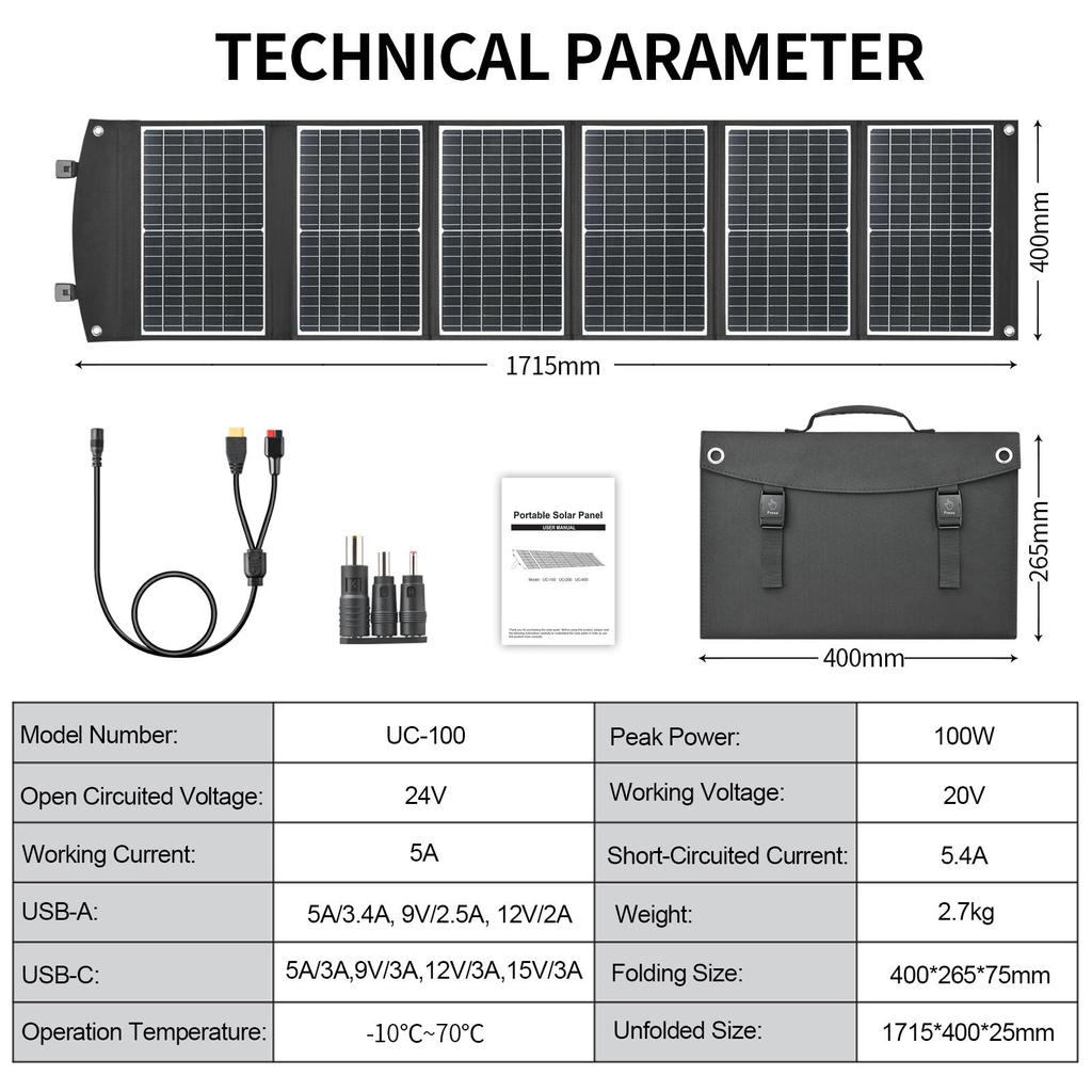 Tragbares 100W faltbares Solarpanel 20V faltbares Solarladegerät für Camping-Kraftwerk