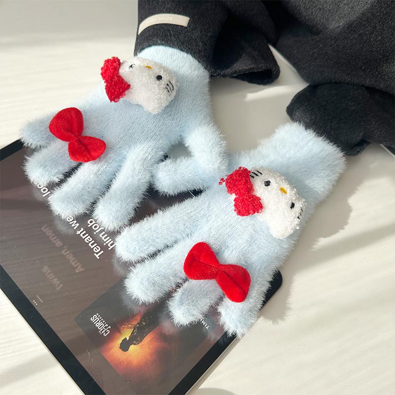 

Новые Милые Перчатки-Пятипальцы с Бантиком Китти Зимние Студенческие для Письма Сенсорный Экран Велосипедные Теплые Пальцевые Перчатки one size