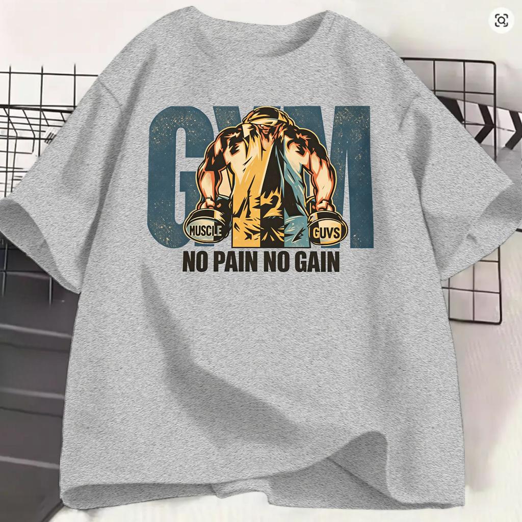 Unisexs TShirts Gym Bodybuilding Fitness Funny Pure Cotton Short Sleeve NO PAIN NO GAIN T Shirts O Neck Clothing 4XL 5XL 6XL