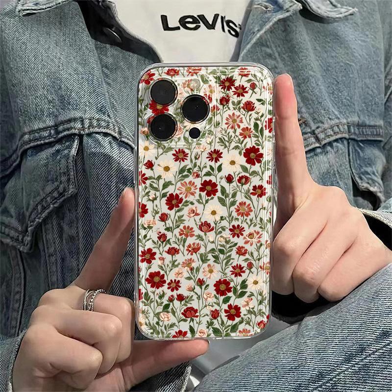 Clear Minimalism Red Flower Pattern Phone Case For IPhone 17e 16 17 16e 15 14 13 12 11 Pro Max Plus Soft Flexible Durable Cover