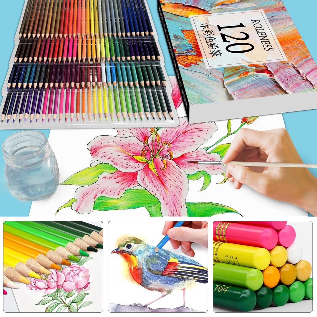 Roleness Colored 120 Coloring Book for Kids and Colored Pencil Watercolor Professional Soft Colored Water Brush and Pencil Sharpener Included Pencils,
