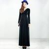 Women Evening Dress Golden Velvet V Neck Pleated A-line Pure Color Long Sleeves Full