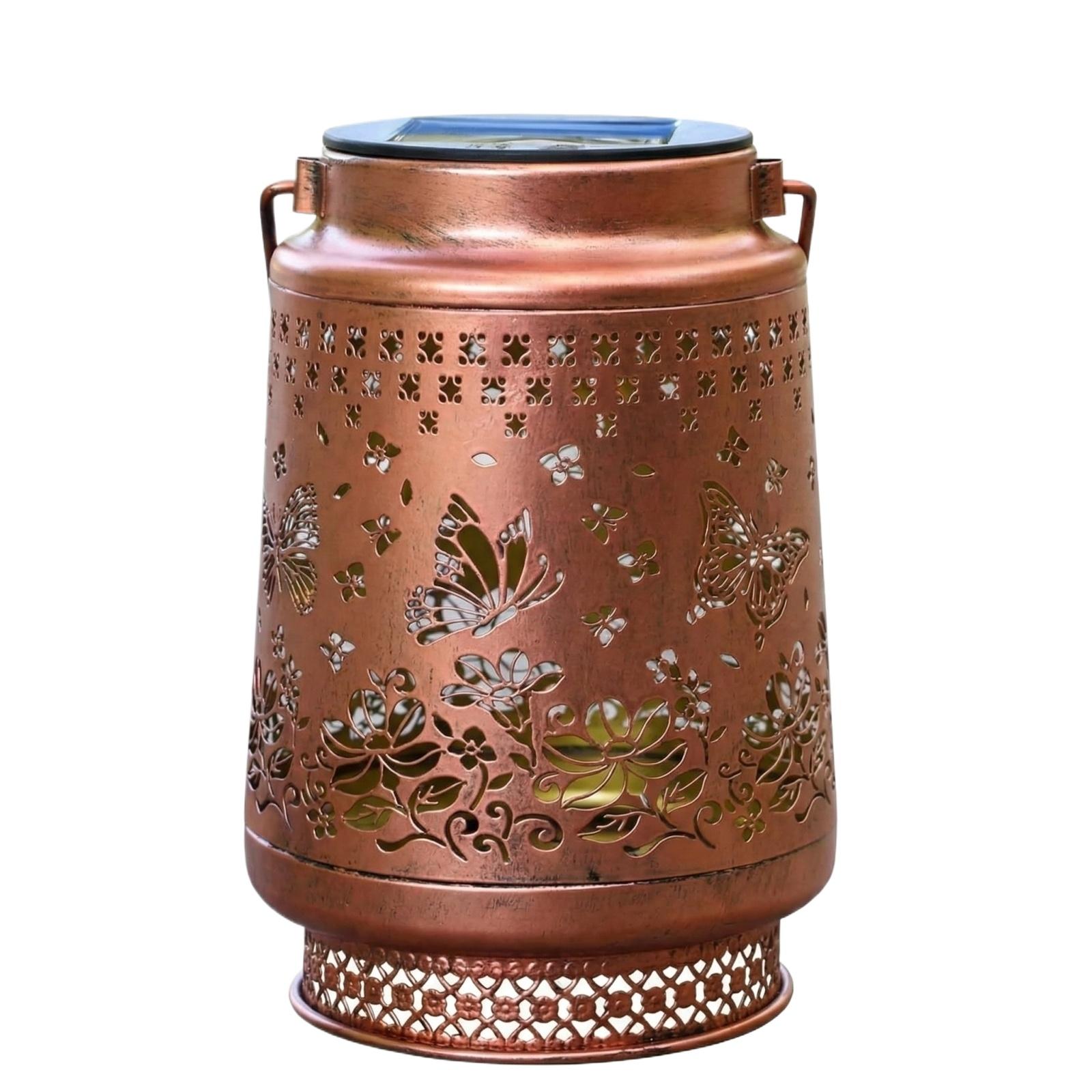 

Solar Powered Metal Lantern Outdoor Decorative Hanging Light with Intricate Cutout Design and Handle for Garden Patio Deck and Pathway Lighting One Size