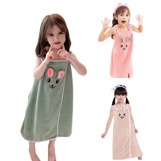 Kids Bath Skirt Rabbit Ear Absorbent Bath Towel Coral Velvet Dress Style Bath Wrap with Shoulder Straps for Beach Swimming Pool