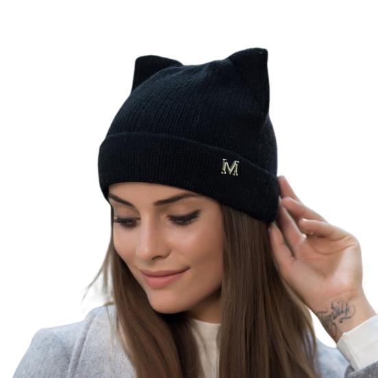 

Autumn Winter Beanie Hat Ears Solid Color Dome Knitted Good Stretch Brimless Cap for Outdoor чёрный