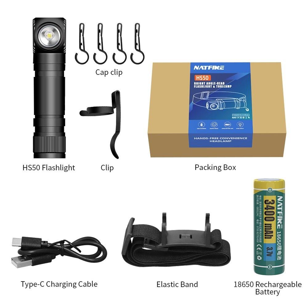 

NATFIRE HS50 Налобный фонарь с аккумулятором 2600 мАч, 1000 лм, светодиодный, USB C, перезаряжаемый, магнитный, с хвостом, для работы в лагере black