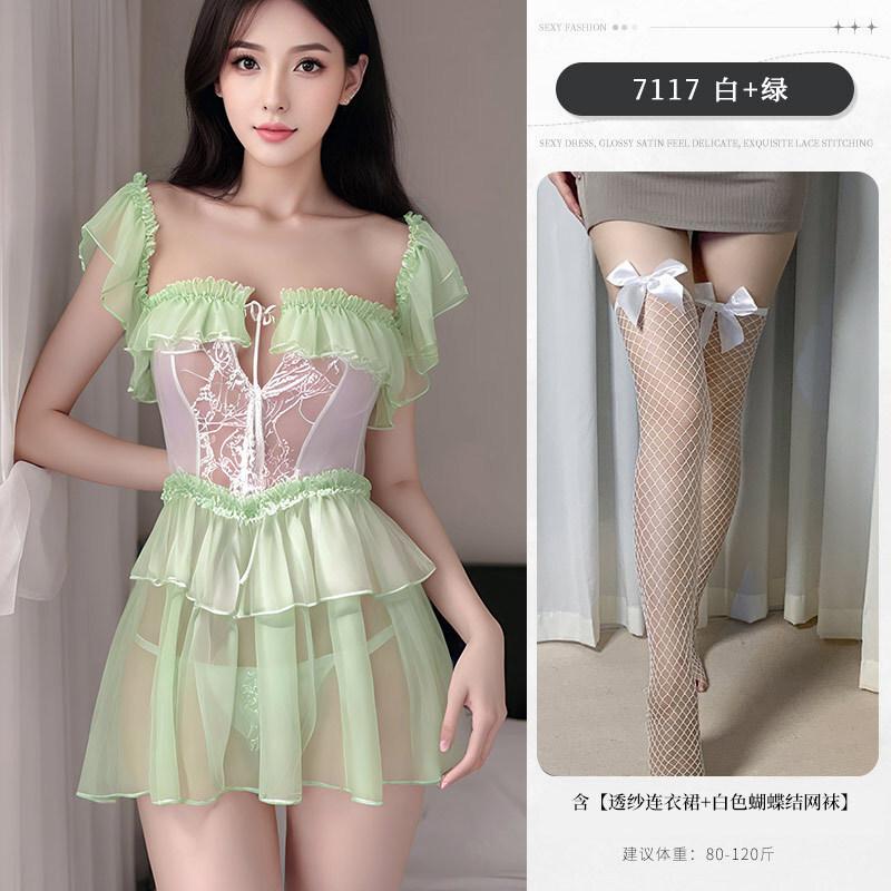 New Sexy Sexy Pure Desire Summer Sweet Girl Hip-revealing Strap Transparent Dress Elegant Nightdress Green Sweet Mini Dress 18J6