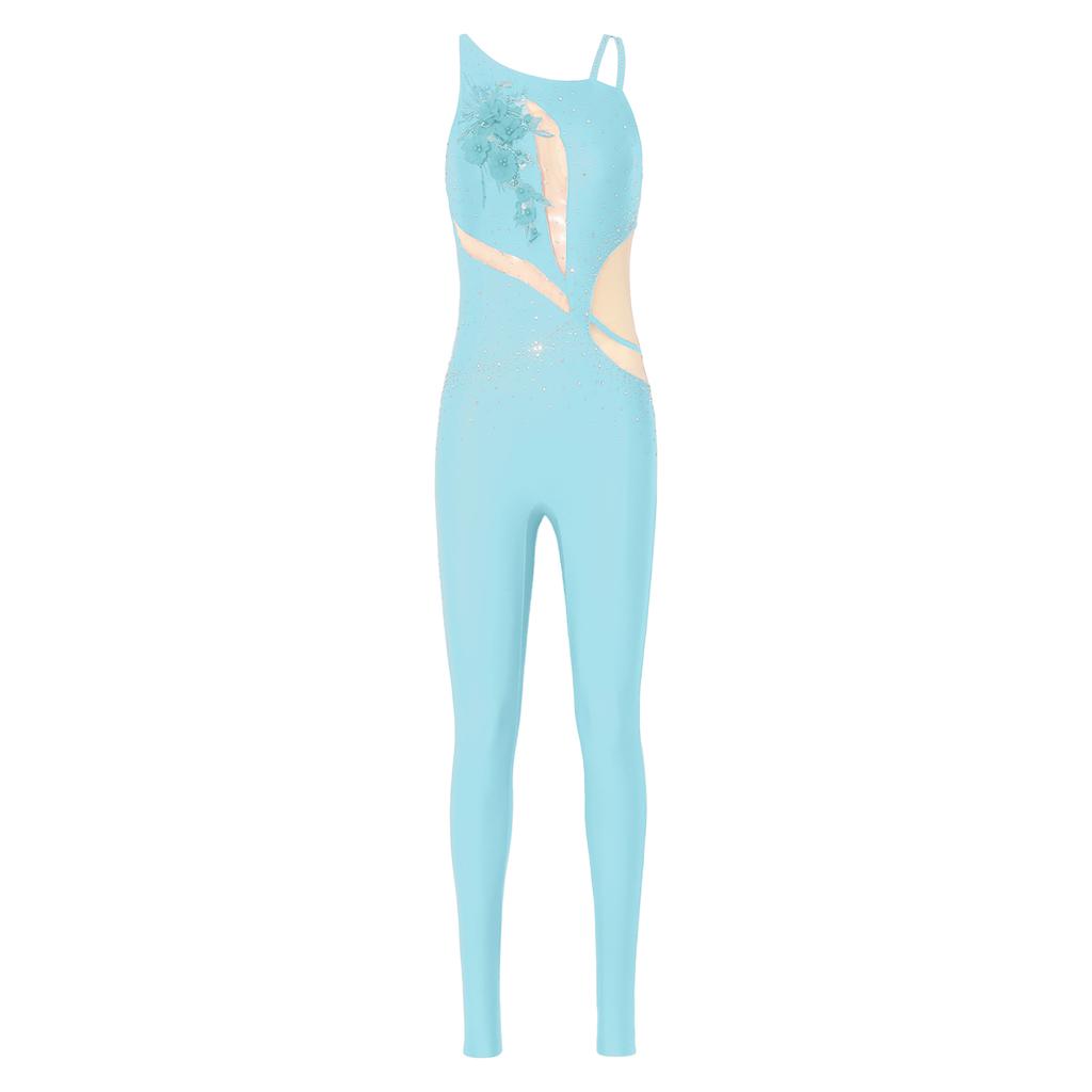 Tuta da ginnastica da donna asimmetrica sulle spalle con schiena scoperta e cinturini, pantaloni lunghi con strass