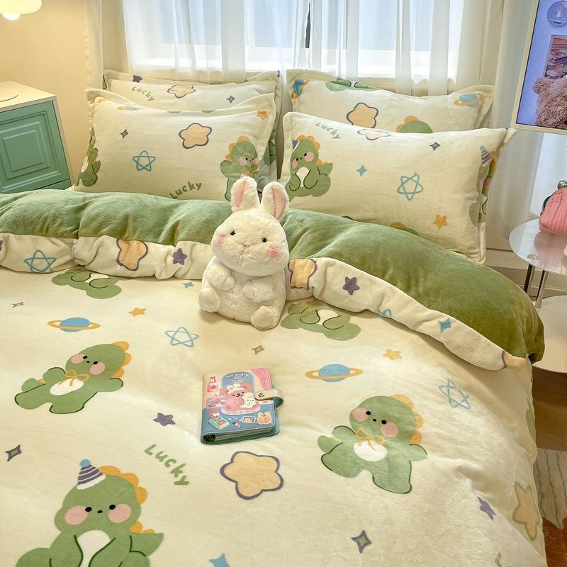 Winter Thickened Milk Fleece Bed Four-piece Set New Coral Fleece Flannel Single Quilt Cover Bed Sheet Three-piece Set Bedding