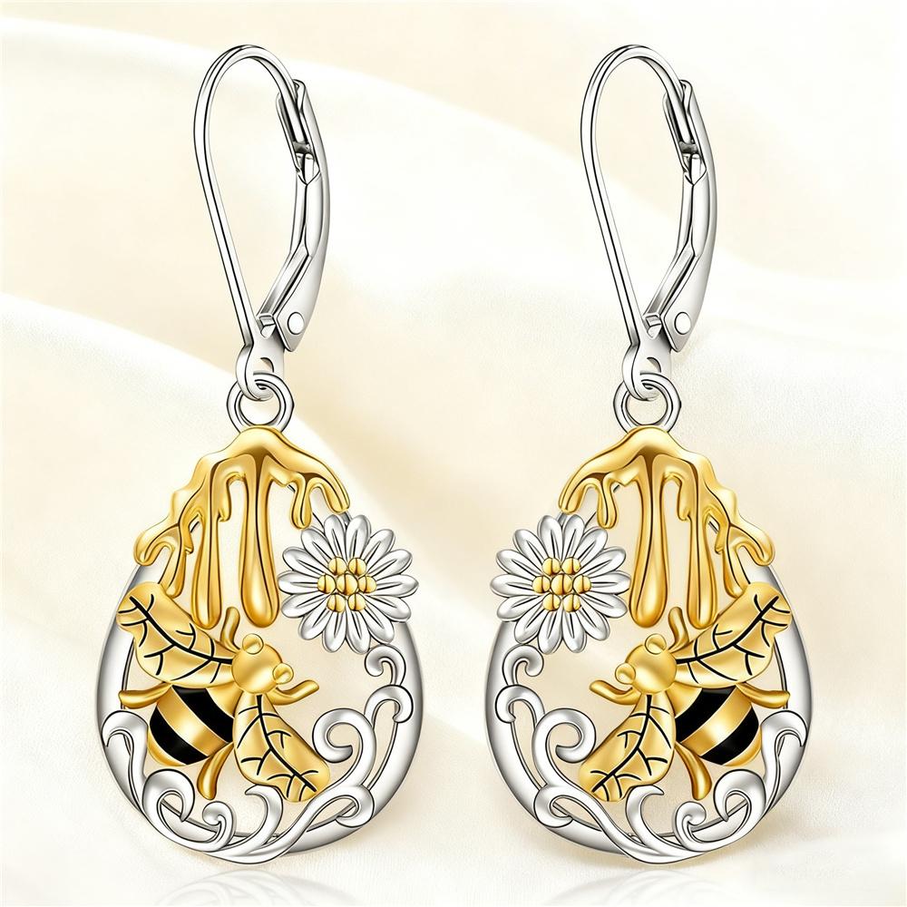 Charm Female Bee Flower Animal Hoop Earrings Vintage Fashion Silver Color Wedding For Women