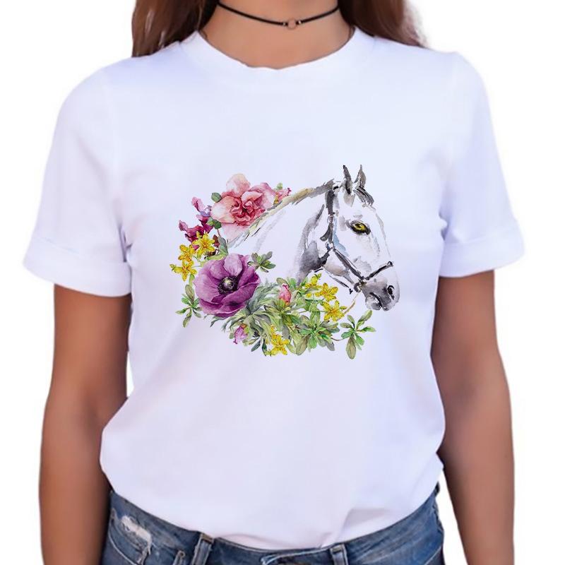 Womens Tshirt Stylish O-Neck Short Sleeve Cartoon Horse Simple Female Tee Tshirts Summer Clothes White Tops 90S Female T Shirt