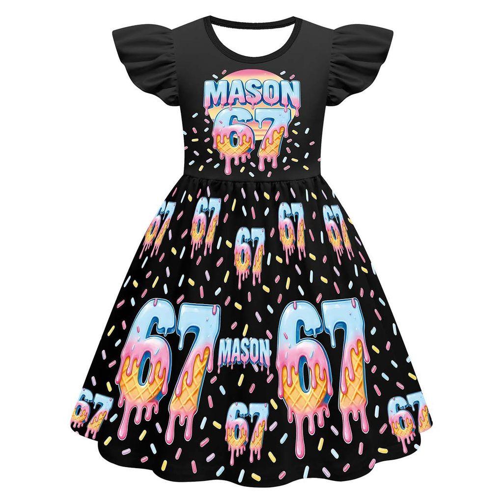 82887 Kids Girls Steal a Brainrot 67 Print Ruffle Sleeveless Princess Dress