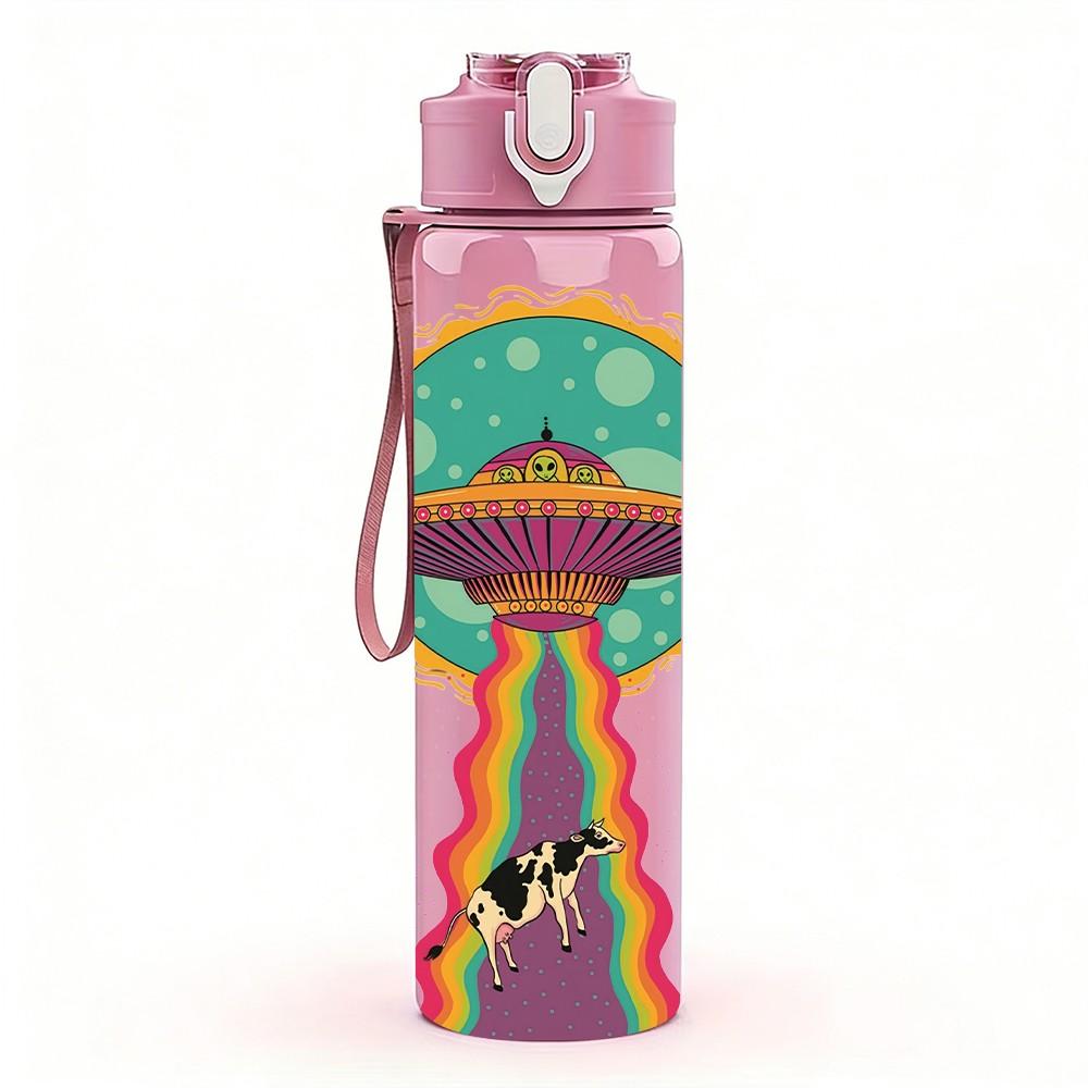 1PC Retro UFO Desert Scene 750ml Color Plastic Sports Water Bottle Leakproof Flip Straw Lid Suitable for Sports Office Home Use