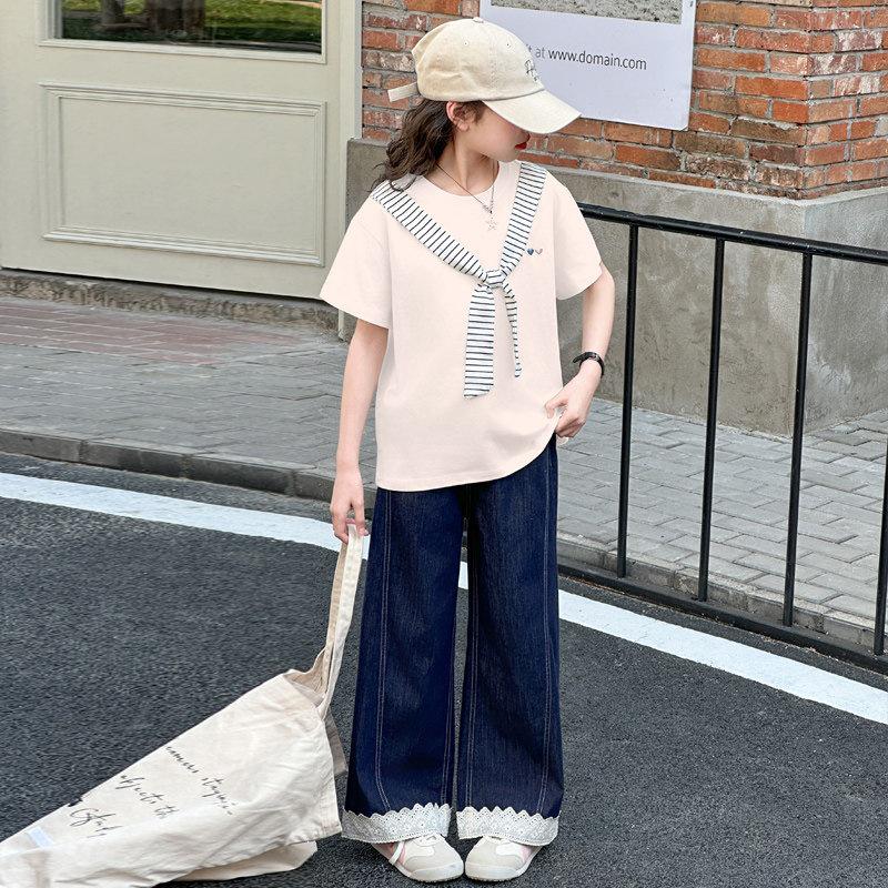 Girls' Casual Summer Two-Piece Set: Korean Style Cotton Top & Denim Pants for Kids (2026).