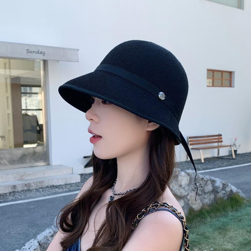 Spring and Summer Women's British Top Hat Thin Knitted Basin Hat Seaside Vacation Simple Sunshade Fashion Bucket Hat