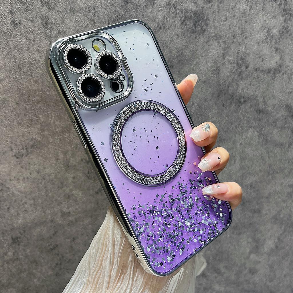 For iPhone 14 Pro Max Magnetic Case Glitter Shockproof TPU + PC Phone Cover Bling Rhinestone