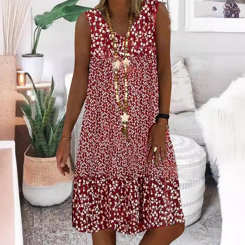 Summer Women's V-neck Sleeveless Dress with Small Floral Prints
