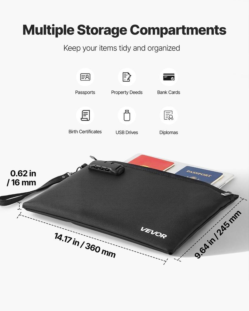 Fireproof Document Bag, 1000 Heat Insulated Fireproof & Waterproof Bag with Lock, Portable File Storage Security Organizer Home Office Travel Use, for