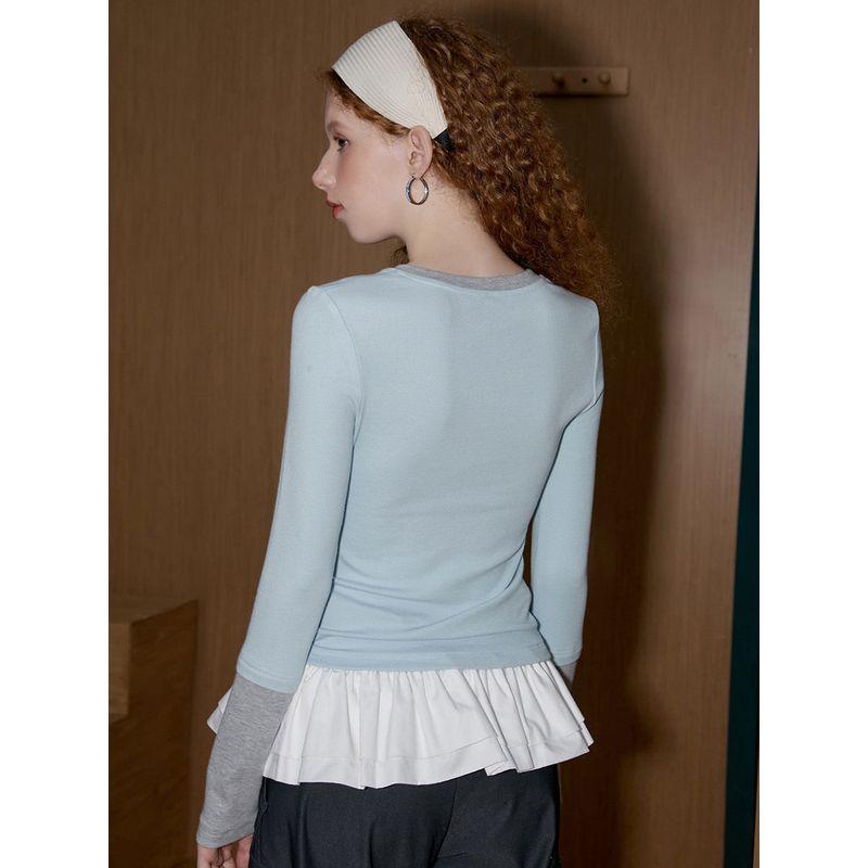 Coolhut American Retro Color-Blocking Round Neck Slim Fit 2026 Spring Women's T-Shirt Casual Long-Sleeved Top