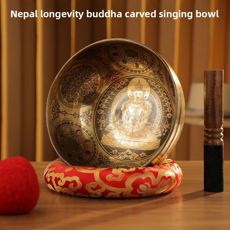 Handmade Nepalese Longevity Buddha Carved Singing Bowl Meditation Yoga Sound Healing Therapy