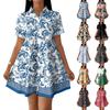 Women’s Casual Loose Fit Shirt Dress with Button Front Stand Collar Short Sleeve Polka Dot and Stripe Print Design