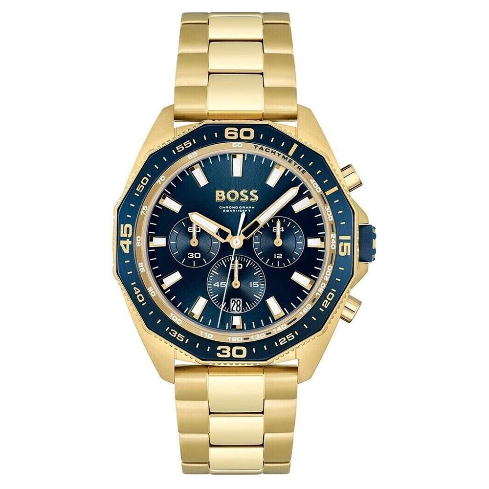 Hugo Boss 1513973 Men's Watch Gold Strap Blue Dial 44 Mm + Box