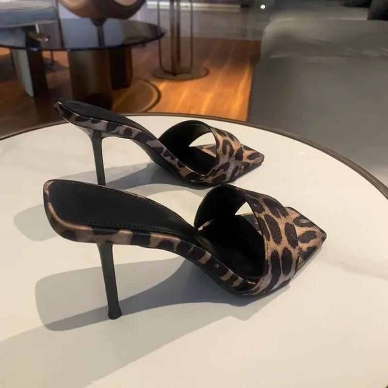 Women's Stiletto Sandals Summer New Square Head Leopard Print Suede Cover Foot Slip-resistant Wear Slippers