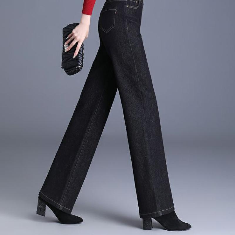 Winter Warm Casual Baggy Straight Jeans Thicken Fleece Wide Leg Denim Pants Women Elastic High Waist