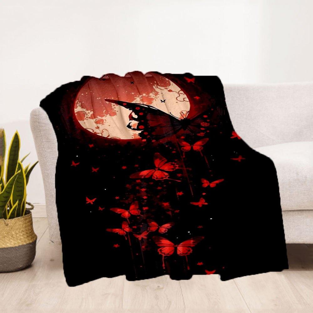 "Red Butterfly Moonlit Night Wall Art Print"Blanket Flannel Throw Blanket for Sofa, Bed, Travel, Camping, Office