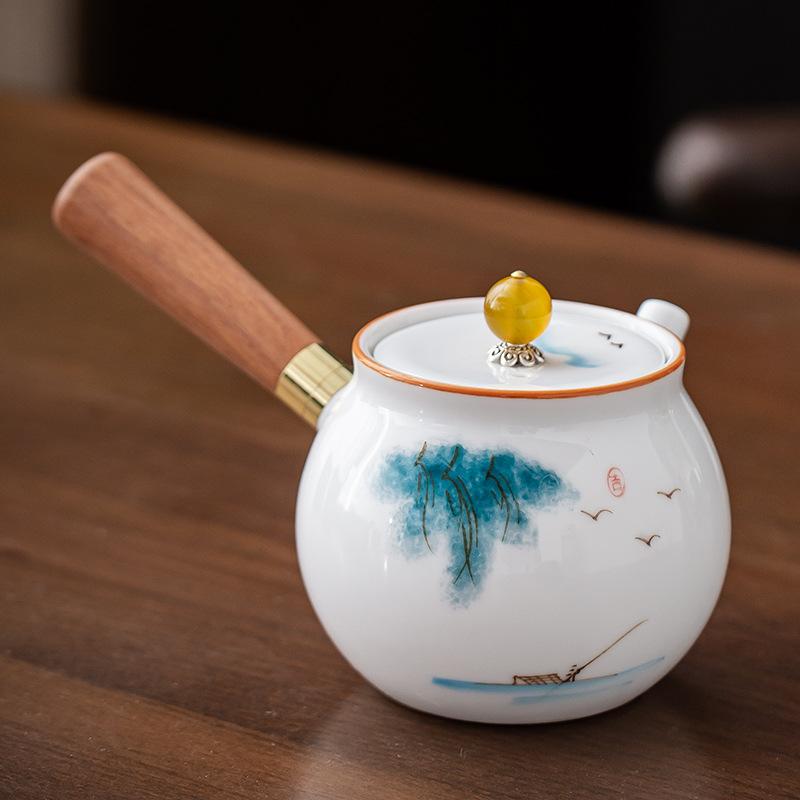 Hand-painted Mutton Fat Jade White Porcelain Teapot Single Pot Hand with Handle Side Handle Teapot Xishi Pot Kung Fu Tea Set Tea